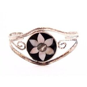 Pretty Vintage‎ Silver Mother Of Pearl Flower Abalone Mexican Cuff Bracelet